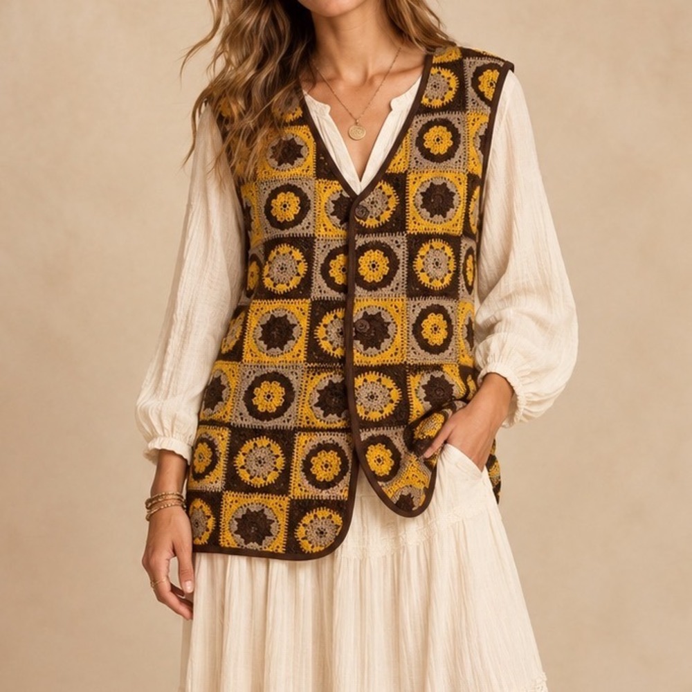 Zara Crochet Granny Square Patchwork Vest Brown Yellow Boho Cottagecore g5